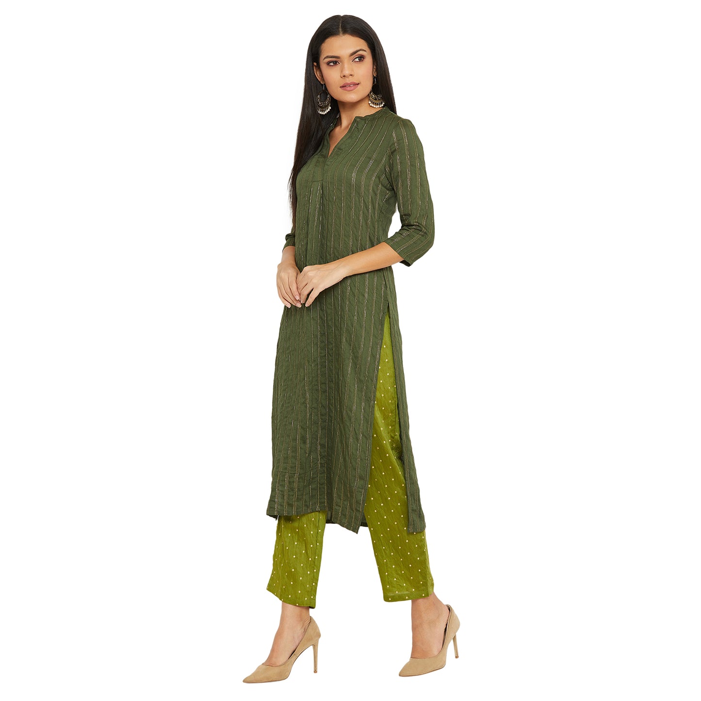 Lurex Dark Mehndi Colour Kurta With Green Trouser