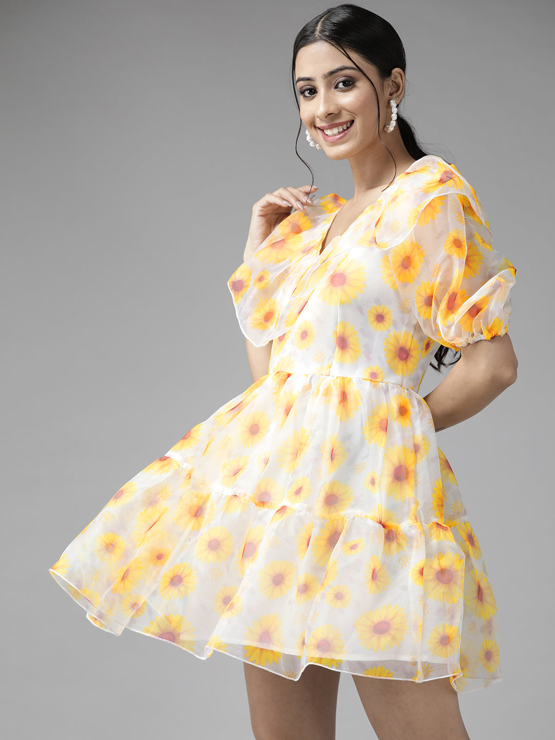 PANIT Cream-Coloured Floral Fit And Flare Dress