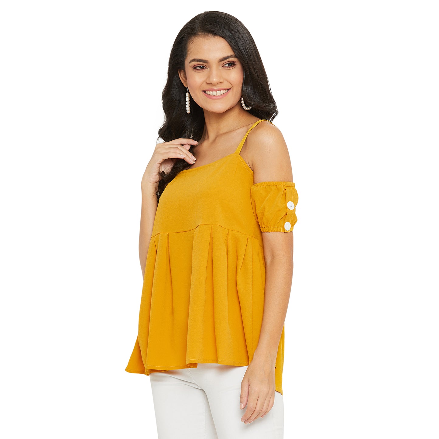 Mustard Solid Off Shoulder Puff Sleeves Bardot Top