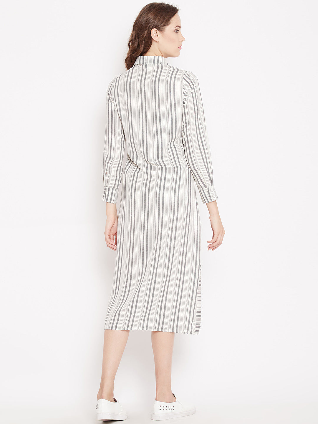 Women's Ivory grey strip weaved Shirt Dress with Pocket