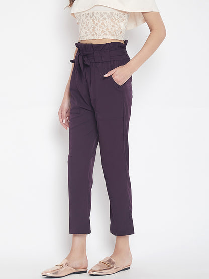 Women's solid plum pleated high waist trouser
