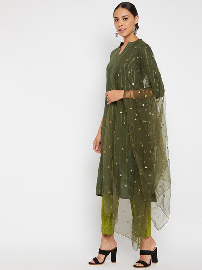 Women Green Striped Kurta with Trousers and Dupatta