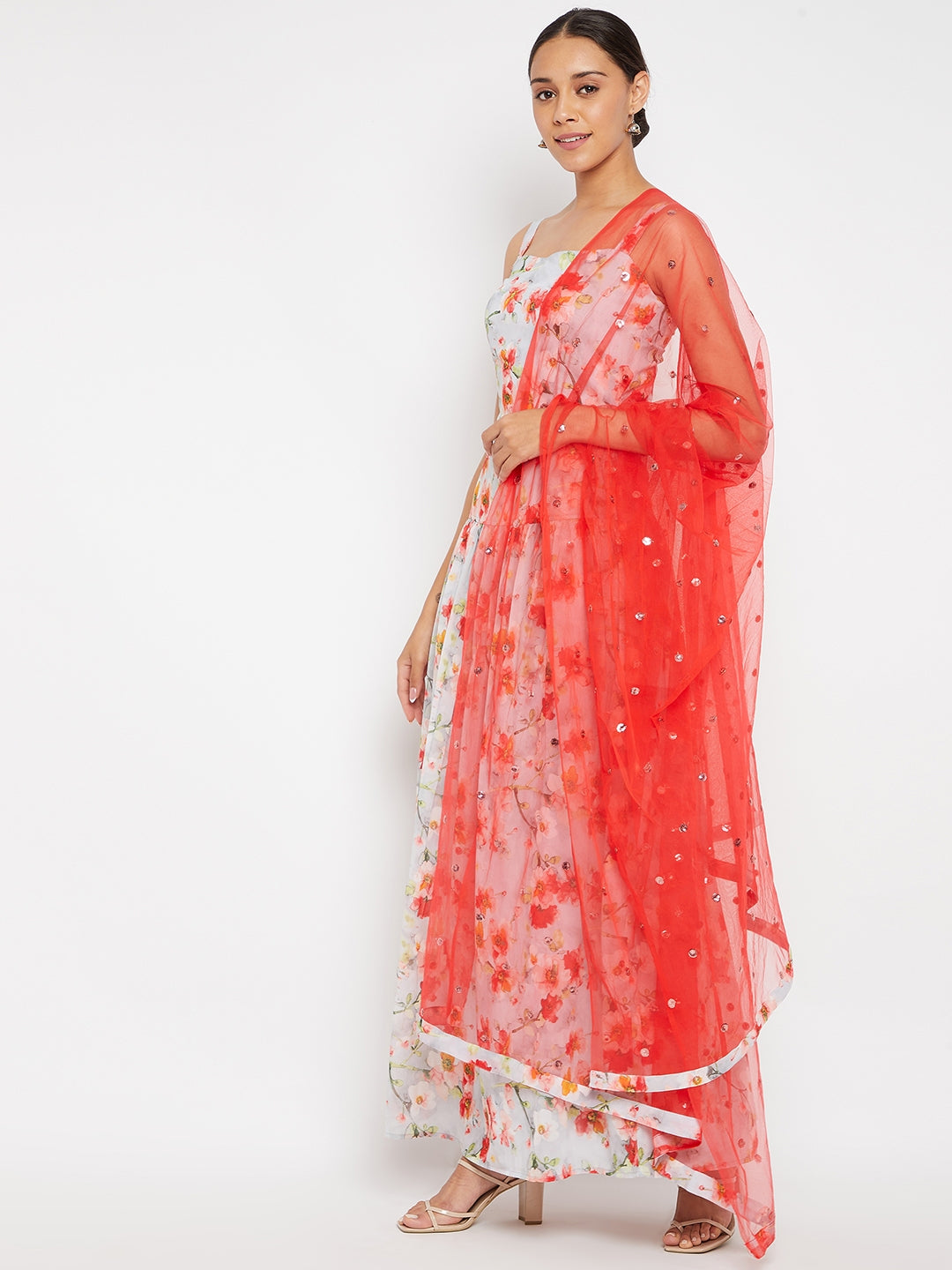 Women Off-White Floral Printed Regular Top with Skirt & With Dupatta