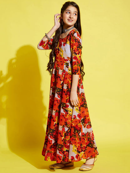 Girls Orange Floral Printed Georgette Ethnic Maxi Dress