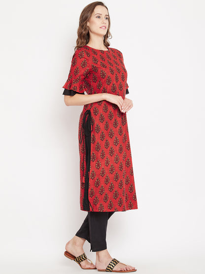 Women's Red Ethnic Motif Printed Mid Length Layed Kurta