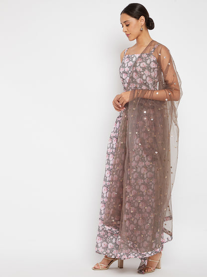 Women Grey Floral Printed Regular Top with Skirt & With Dupatta
