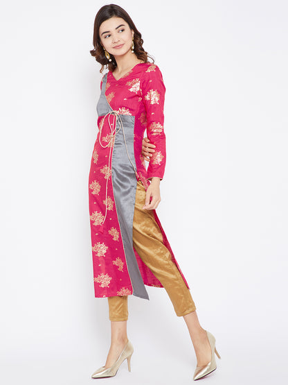 Women's Magenta And Grey Color On Gold Foile Printed Streight Angrakha Kurta