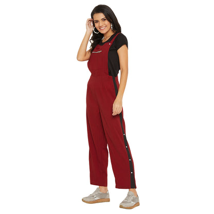 Maroon solid dungarees with side stripes detail