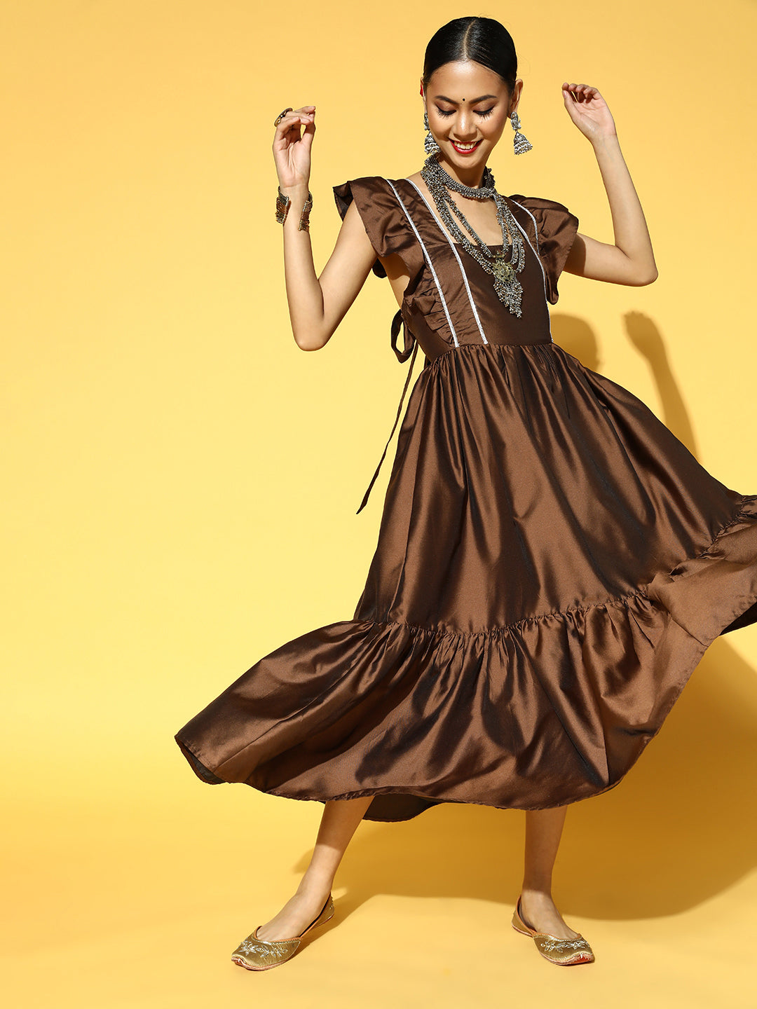 Brown Solid Cut Out Tie-up Gathered Maxi Dress