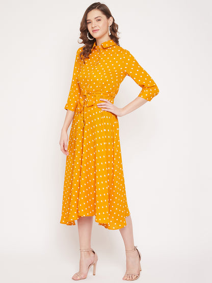 Women Mustard Yellow Printed A-Line Dress