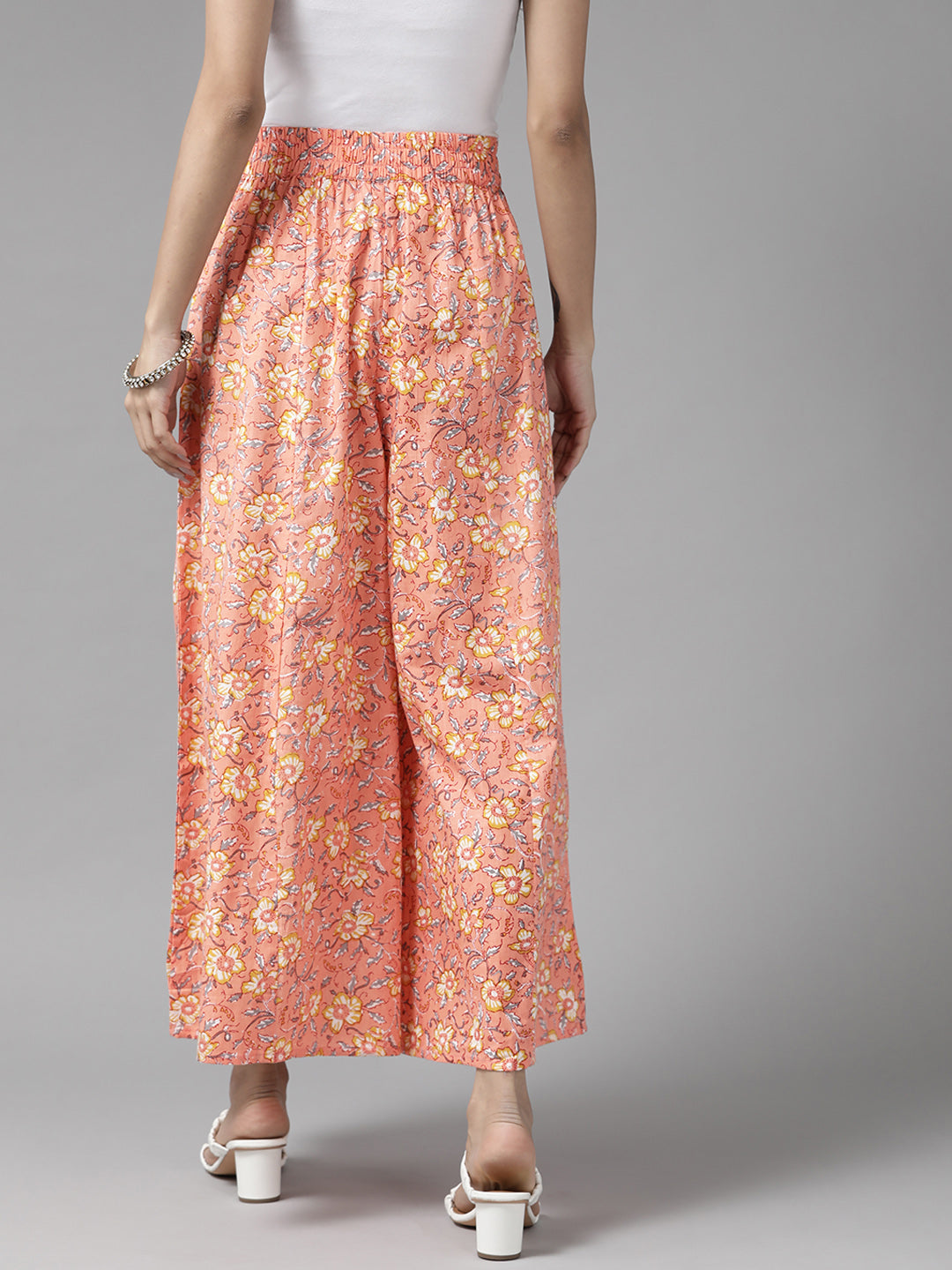 Women Coral Pink & Yellow Floral Printed Cotton Palazzos