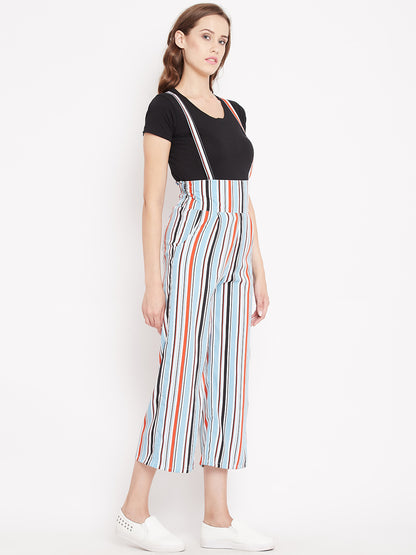 Women's white based multicolour stripes print mid length culotte