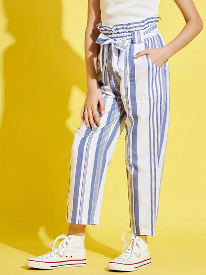 Girls White and Blue Striped  Peg Trouser