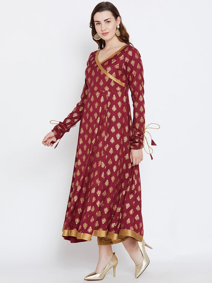 Women's Maroon Color And Gold Foile Printed Anarkali Ankle Length Kurta