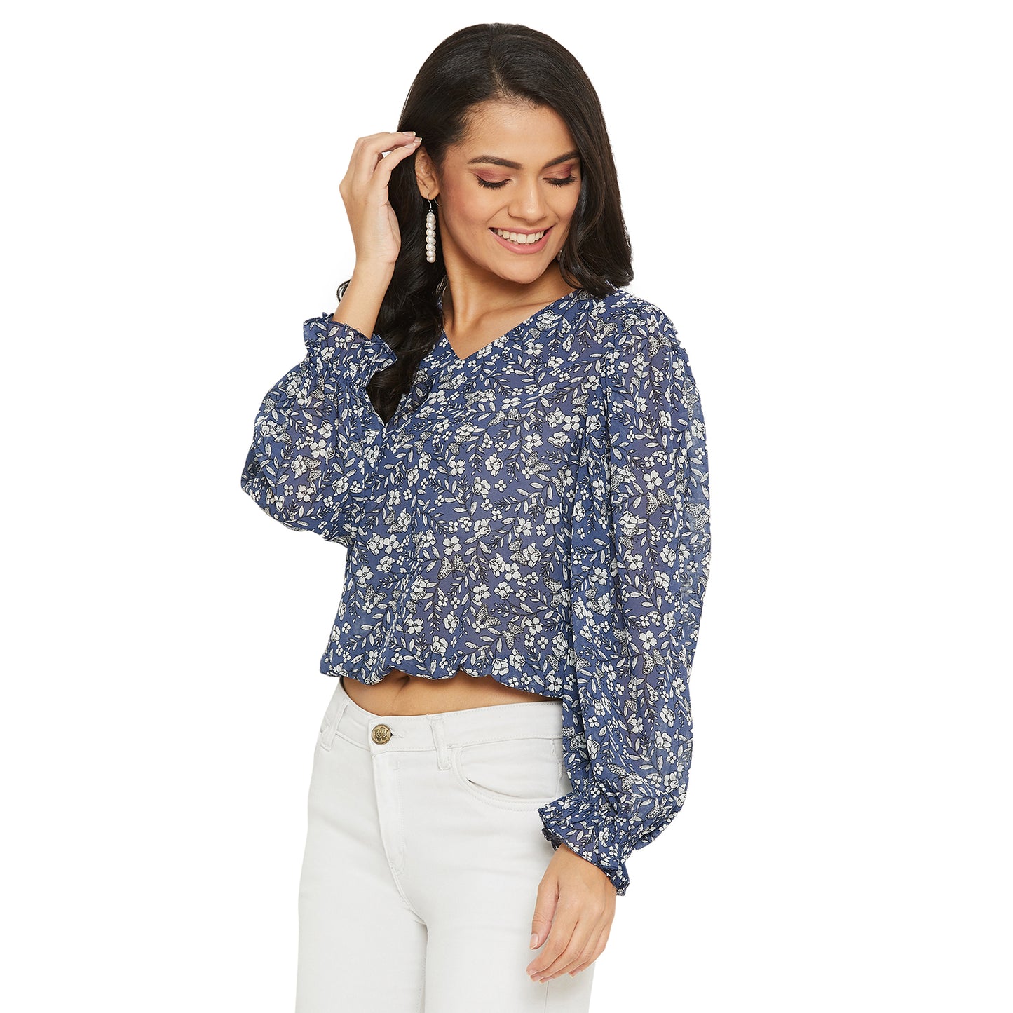 Blue floral printed Top with gather sleeve and waist elastic