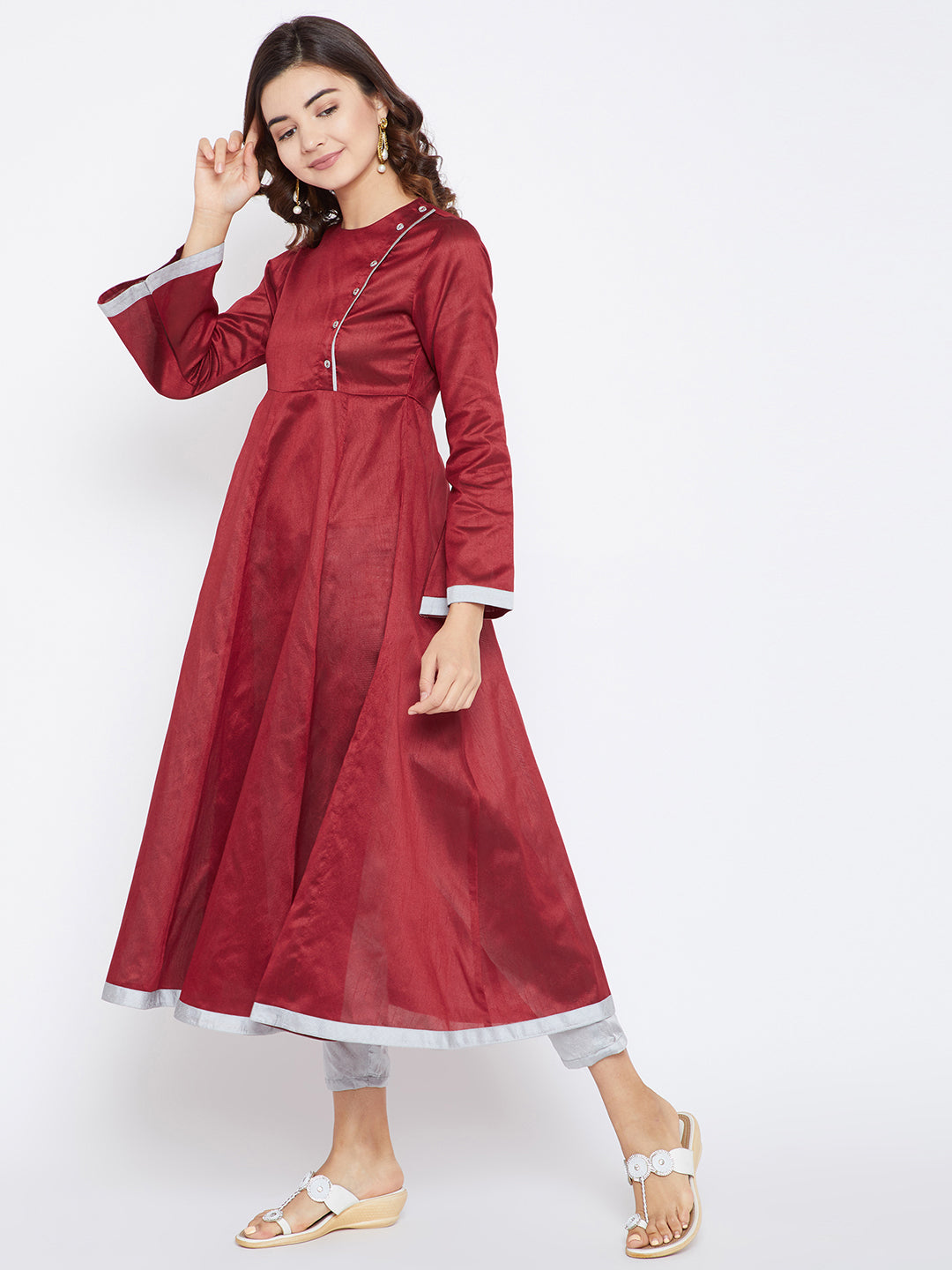 Women's Maroon And Silver Color Anarkali Ankle Length Kurta