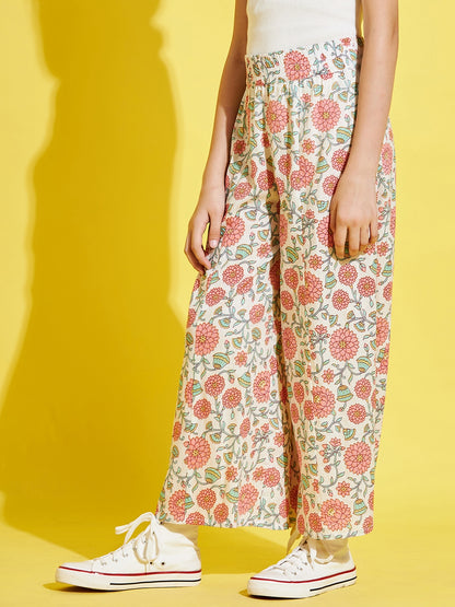 Girls White Floral Printed Relaxed Cotton Trousers