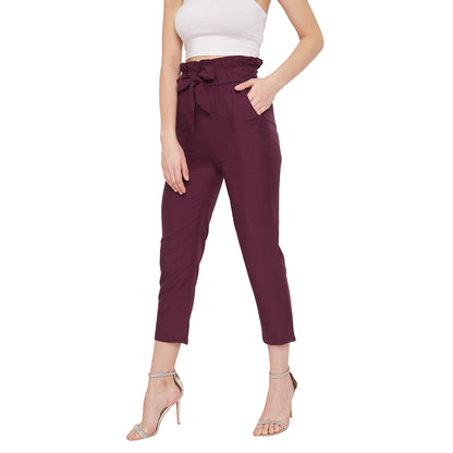 Wome Burgundy Solid Crepe Cigarette Trouser