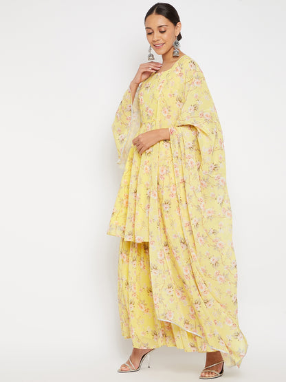 Women Yellow Floral Print Sharara Set With Dupatta