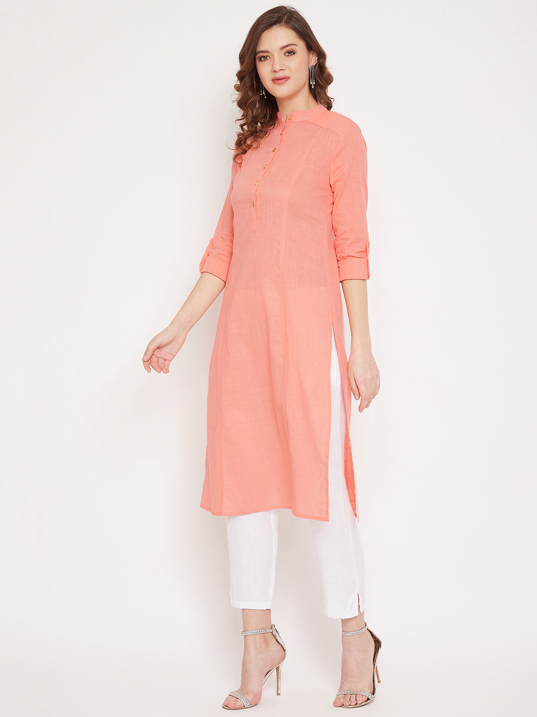 Women peach pin tuck solid kurta