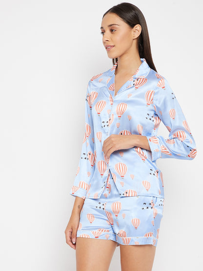 Women Blue & Red Printed Night suit