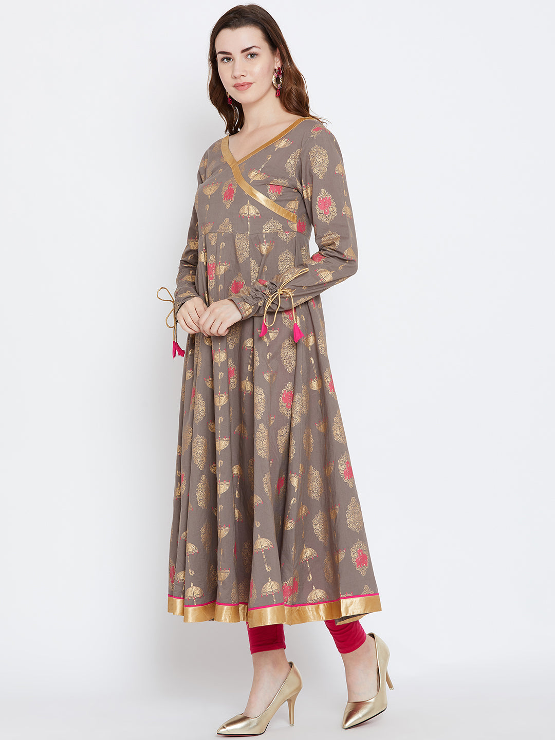 Women's Grey And Pink Color ,Gold Foile Printed Anarkali Ankle Length Kurta