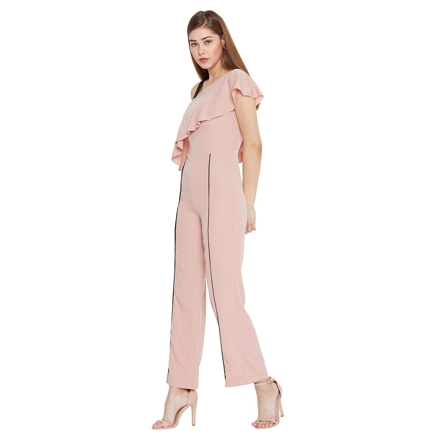 Women'S Solid Rose Gold Full Length Straight Fit Crepe Jumpsuit