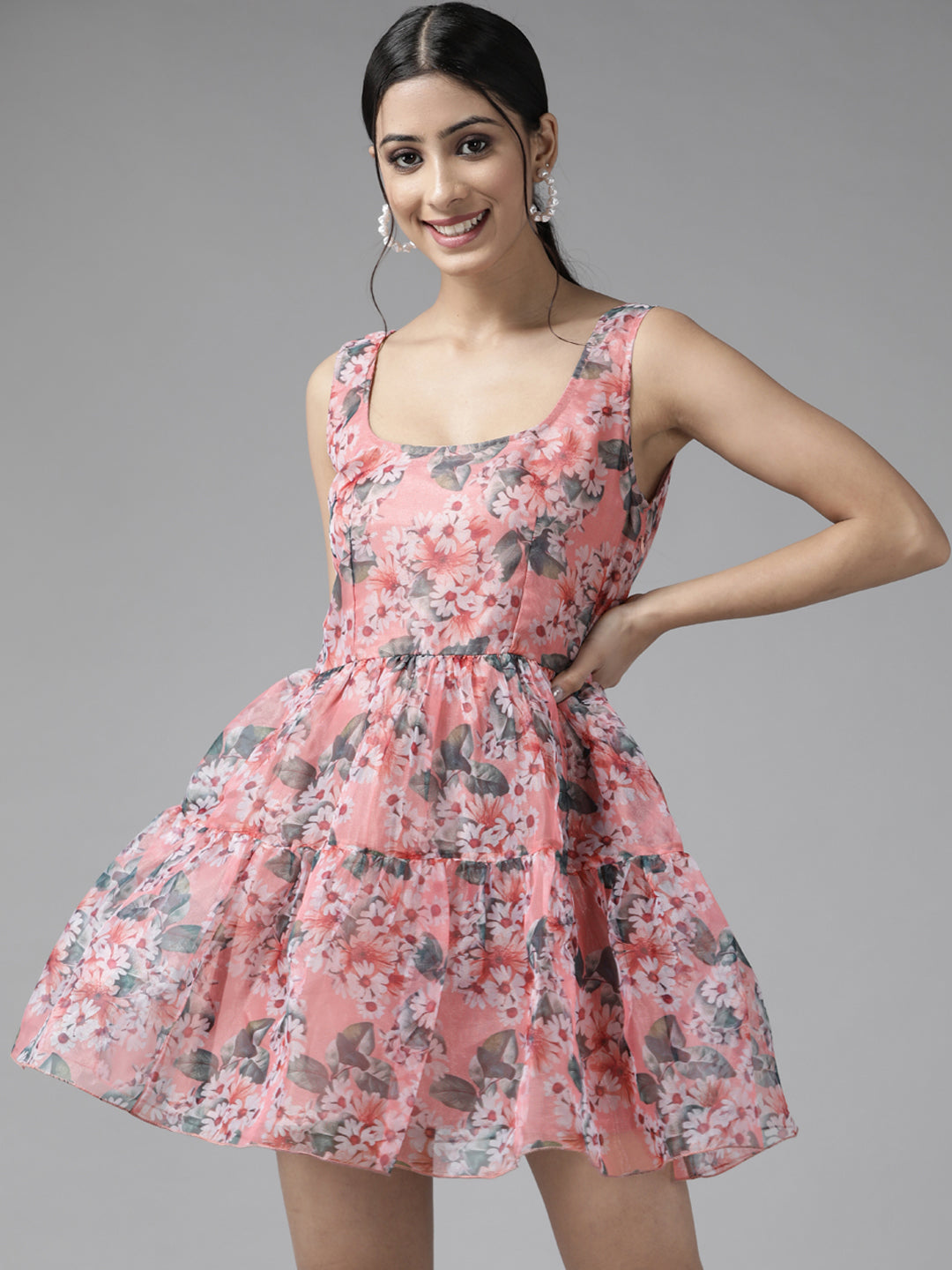 PANIT Peach-Coloured Floral Fit And Flare Dress