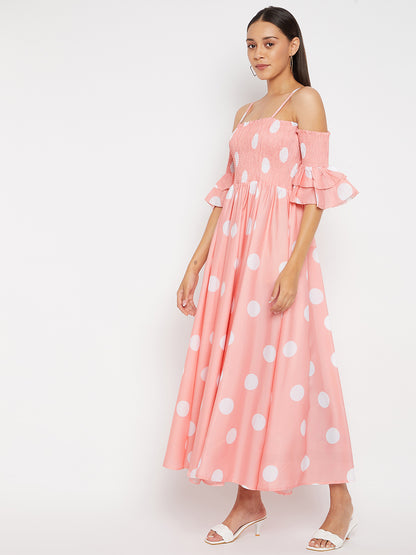 Women Pink Base and White Polka Dot Printed Maxi Dress