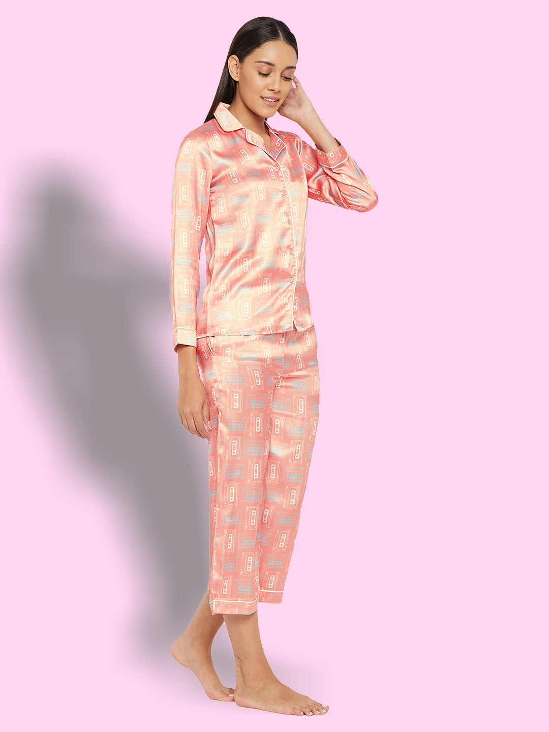 Women Pink & Beige Printed Night suit