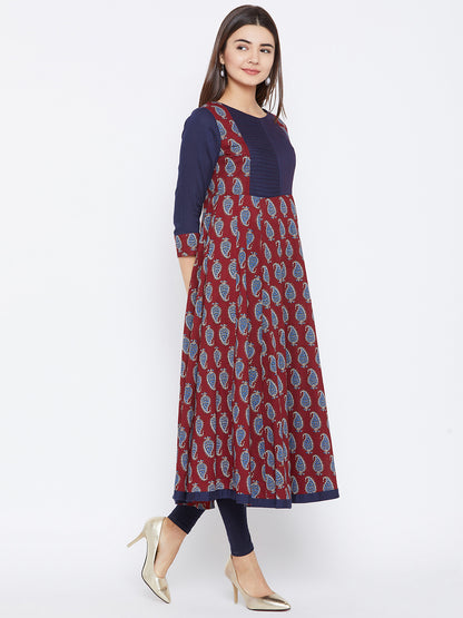 Women's Maroon And Navy Blue Paisely Printed Anarkali Ankle Length Kurta