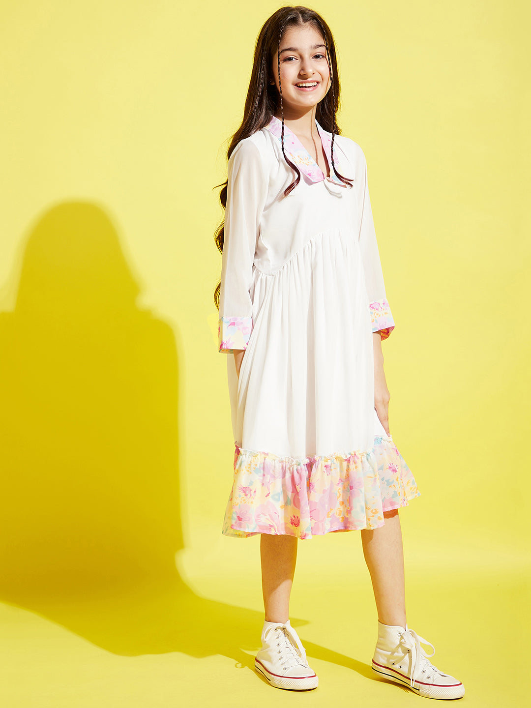 Girls White & Pink A-Line Midi Dress