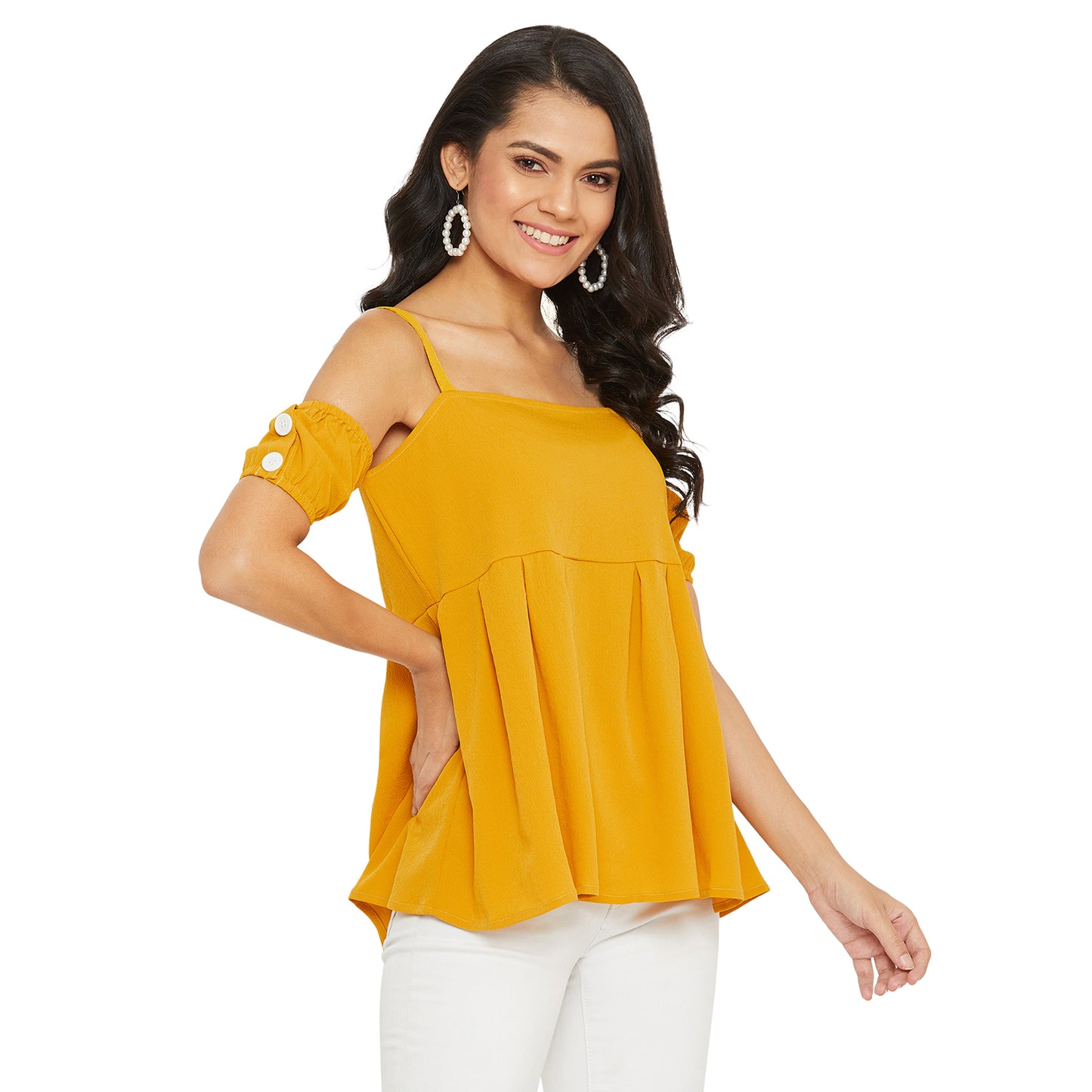 Mustard Solid Off Shoulder Puff Sleeves Bardot Top