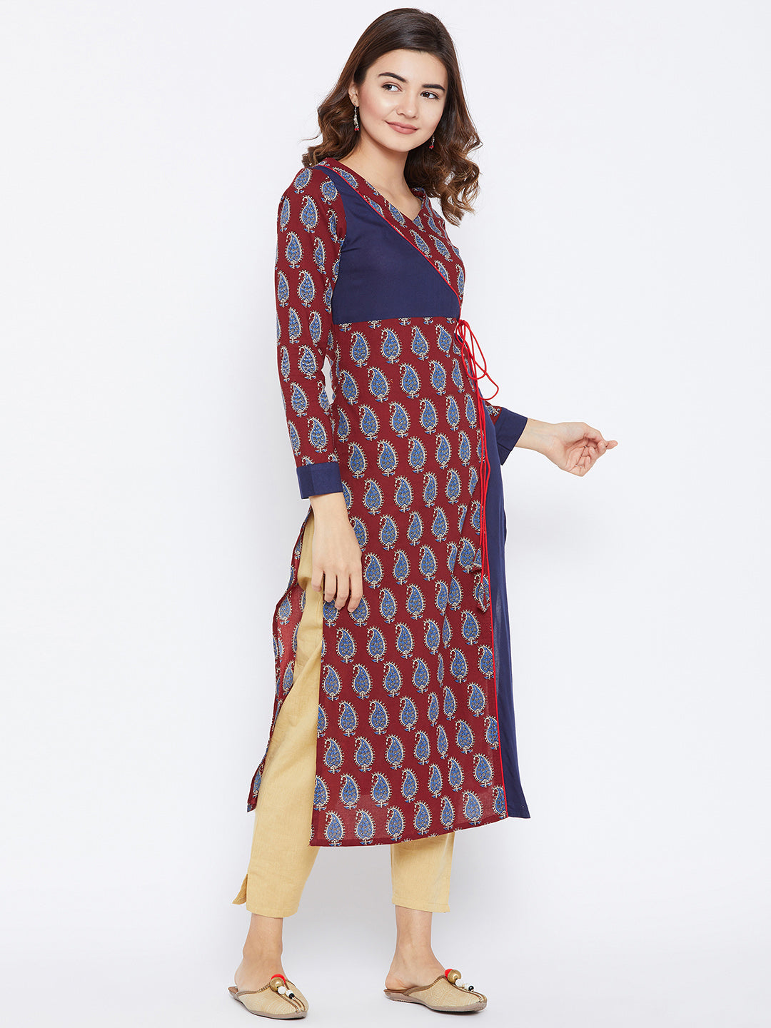 Women's Maroon And Blue Color Paisely Printed Streight Fit Angrakha Kurta