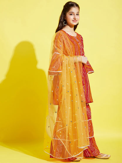 Girls Orange Bandhani Printed Empire Kurta with Sharara & Dupatta