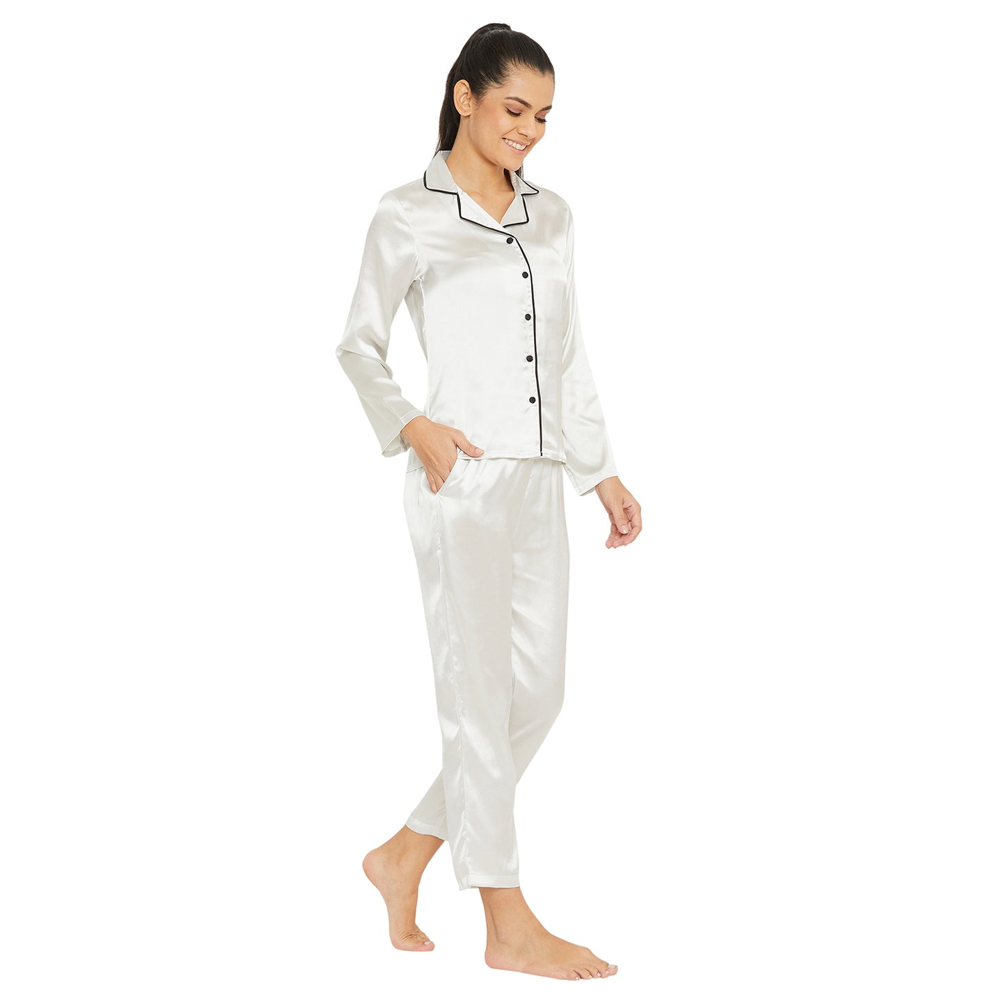 Women White Satin Finish Solid Night Suit