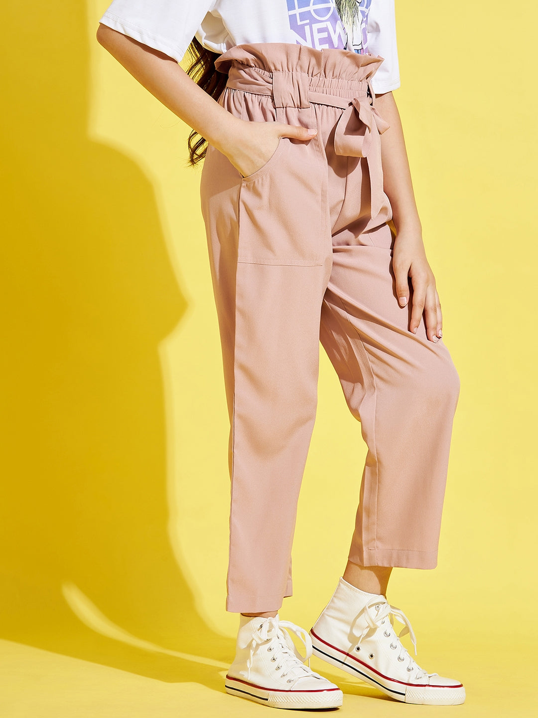Girls Peach-Coloured Relaxed High-Rise Trousers
