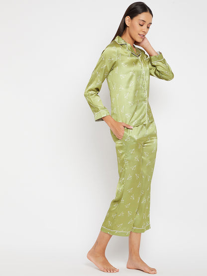 Women Lime Green & White Printed Night suit