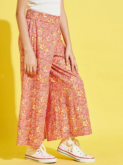 Cherry Jerry Girls Orange Floral Printed Relaxed Pleated Cotton Trousers
