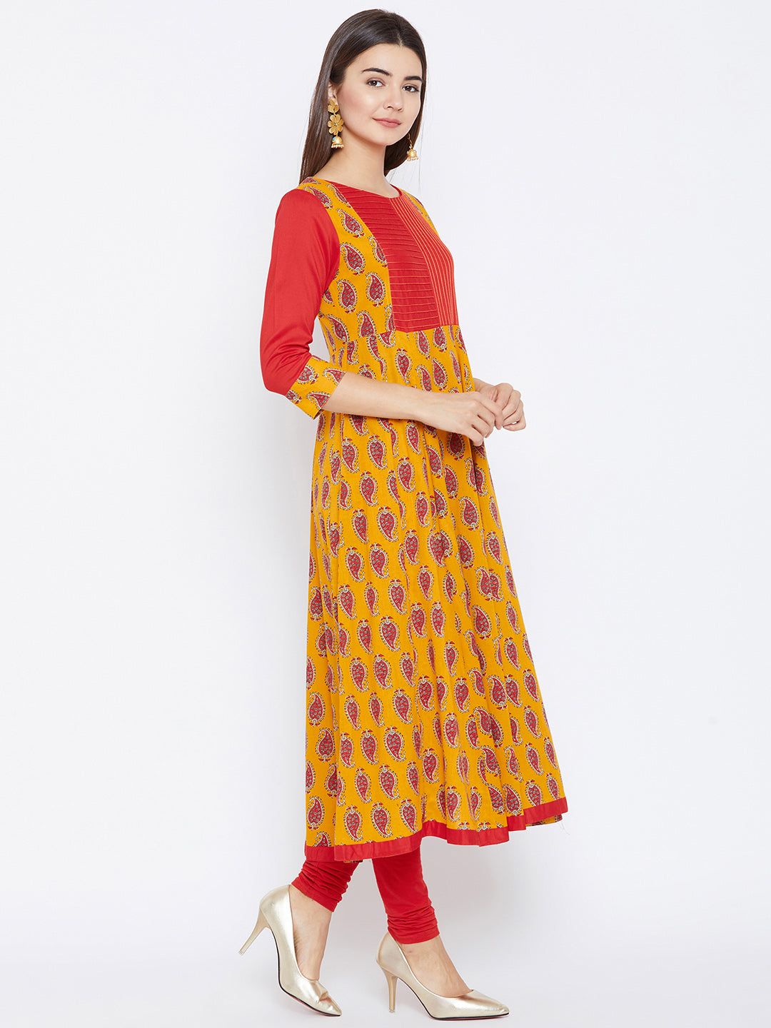 Women's Yellow And Red Paisely Printed Anarkali Ankle Length Kurta