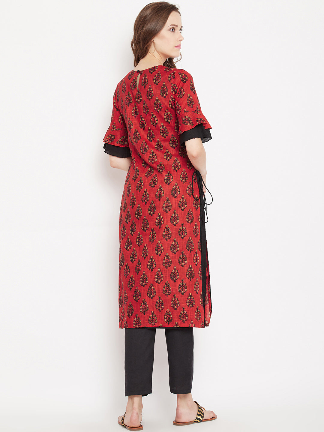 Women's Red Ethnic Motif Printed Mid Length Layed Kurta