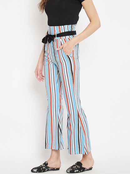 Women's white multicolour stripes print high waist bootcut trouser