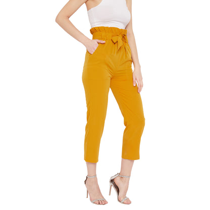 Wome Mustard Solid Crepe Cigarette Trouser