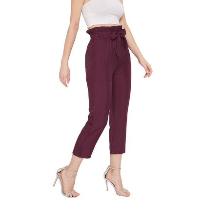 Wome Burgundy Solid Crepe Cigarette Trouser