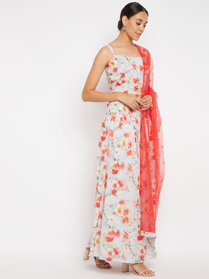 Women Off-White Floral Printed Regular Top with Skirt & With Dupatta