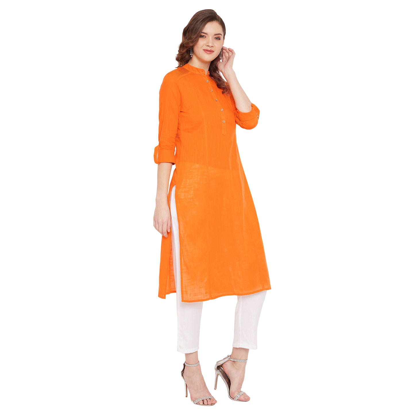 Women orange pin tuck solid kurta