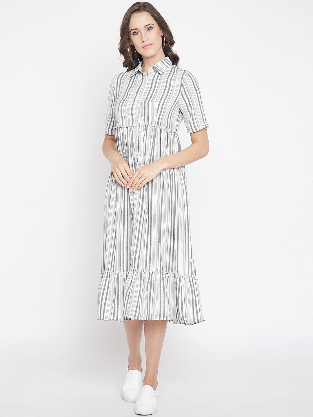 Women's Ivory grey strip weaved Flare Shirt Dress