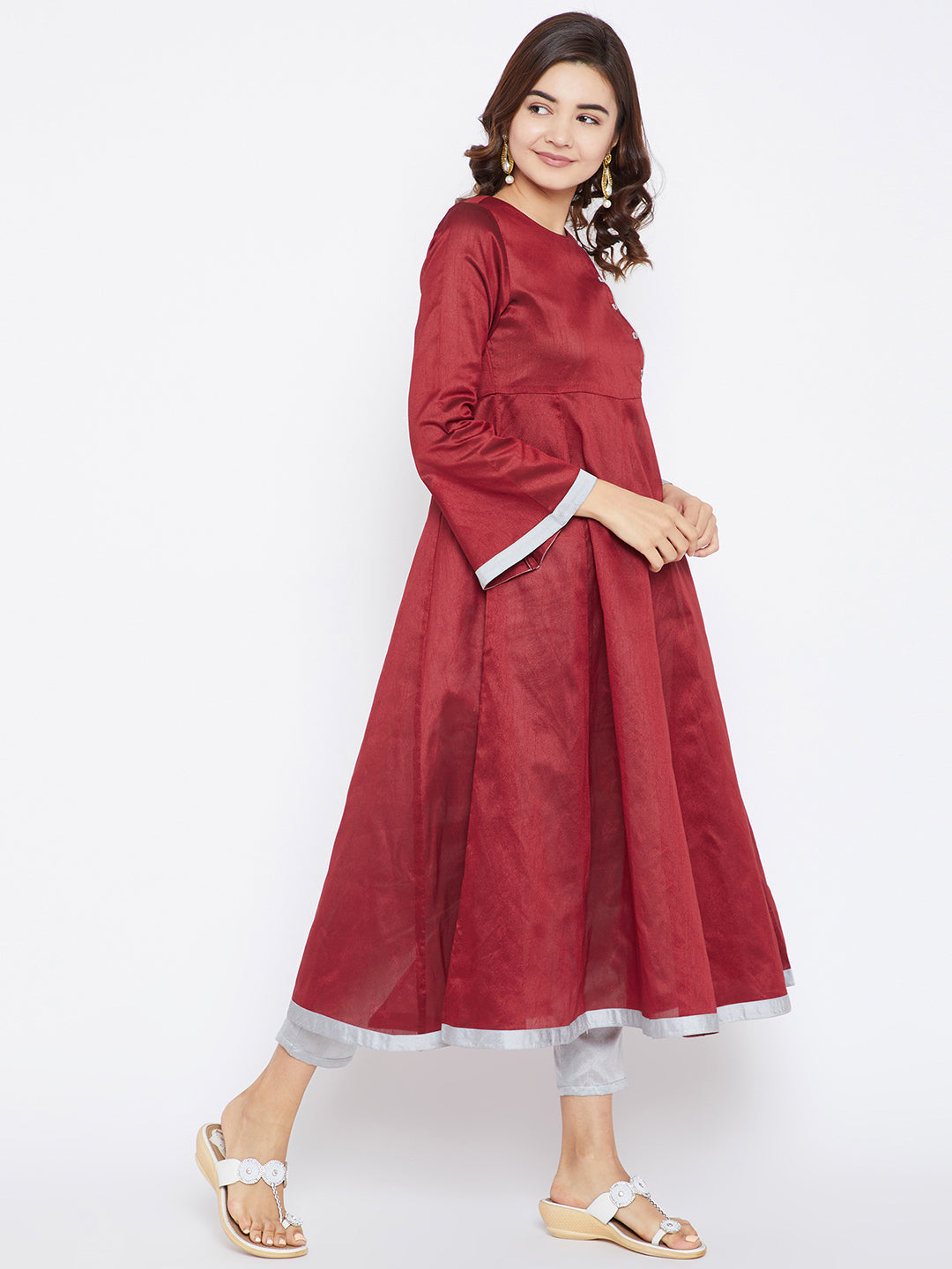 Women's Maroon And Silver Color Anarkali Ankle Length Kurta