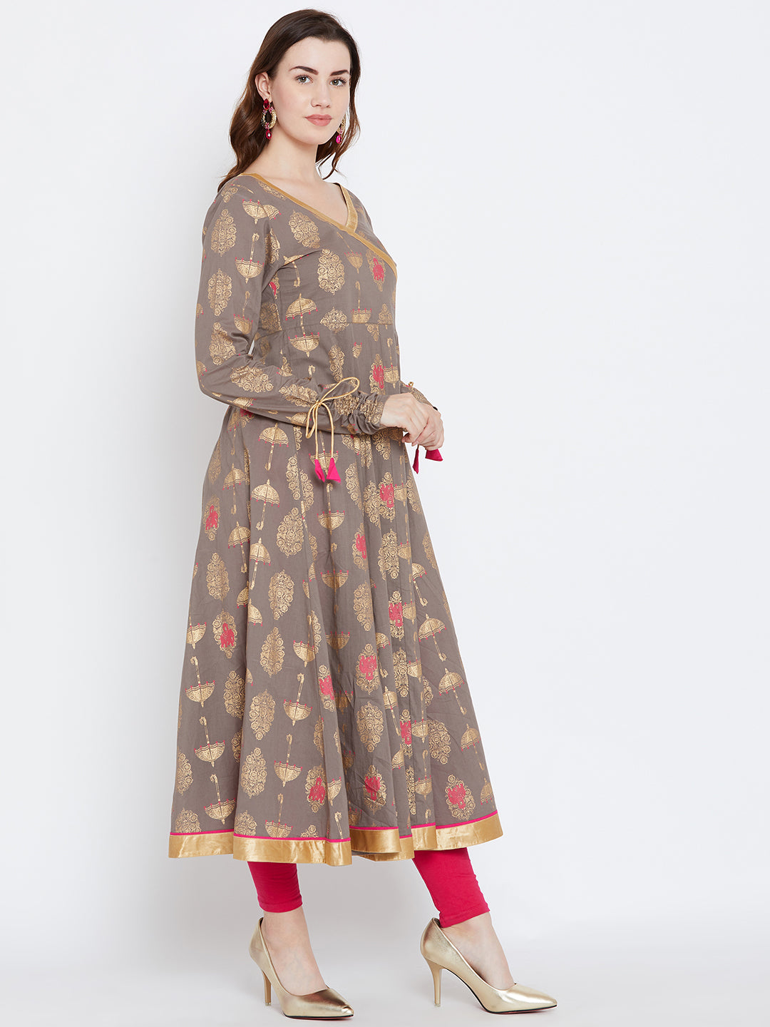 Women's Grey And Pink Color ,Gold Foile Printed Anarkali Ankle Length Kurta