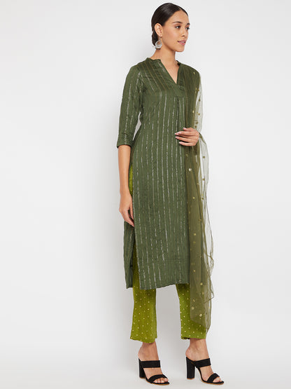 Women Green Striped Kurta with Trousers and Dupatta